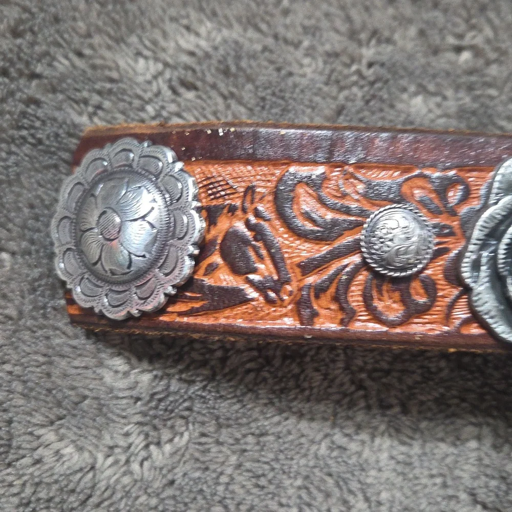 Brown Leather Bracelet Silver Conchos Rose Accent Southwestern Boho Artsy